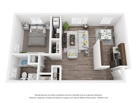 Floor plan for 1 bed, 1 bath, 650 sqft